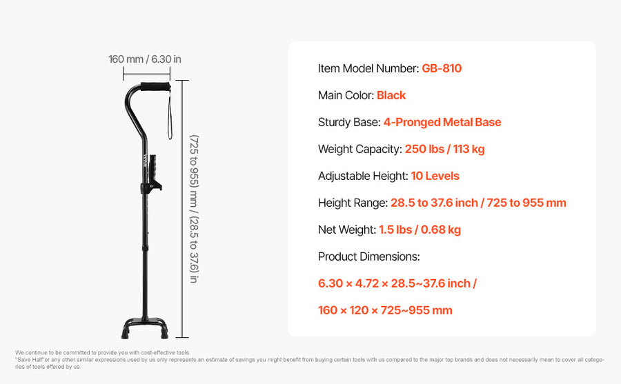 Quad Walking Cane 10-Level Height Adjustable Walking Stick 4-Pronged Stable Base