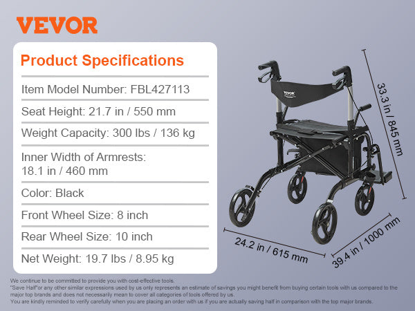 VEVOR 2 in 1 Rollator Walker & Transport Chair for Seniors, Folding Rolling Walker Wheelchair Combo & Footrests, Lightweight Aluminum Mobility Walker with Adjustable Handle, All Terrain Wheels, 300LBS