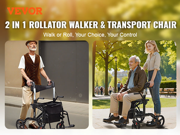 VEVOR 2 in 1 Rollator Walker & Transport Chair for Seniors, Folding Rolling Walker Wheelchair Combo & Footrests, Lightweight Aluminum Mobility Walker with Adjustable Handle, All Terrain Wheels, 300LBS