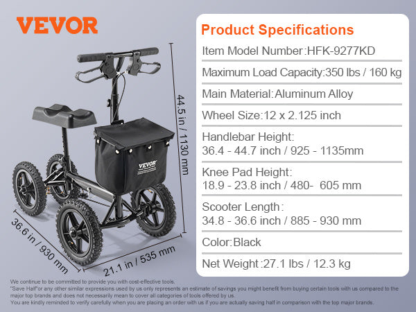 VEVOR Folding Knee Scooter, Aluminum Steerable Knee Walker with Height-Adjustable Handlebar & Knee Pad, 12" All-Terrain Wheels, Dual Brakes, Leg Recovery Scooter for Broken Ankle Foot Injuries, 350LBS