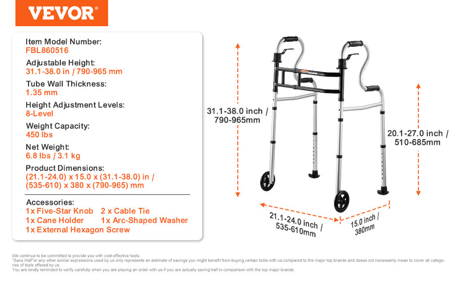 VEVOR Folding Walker Stand-Assist Folding Walkers with Adjustable Height & Width