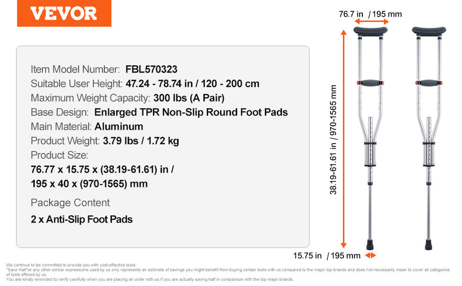VEVOR Underarm Crutches 13-Level Height Adjustable Under Arm Walking Crutches
